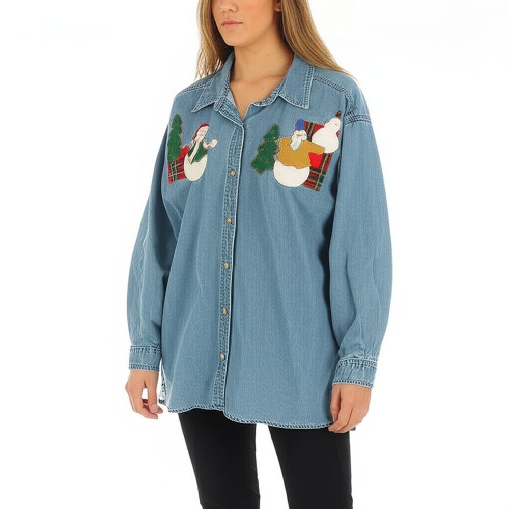 Vintage Christmas Denim Button Up Shirt Womens 2X Blue Holiday Embroidered Snow